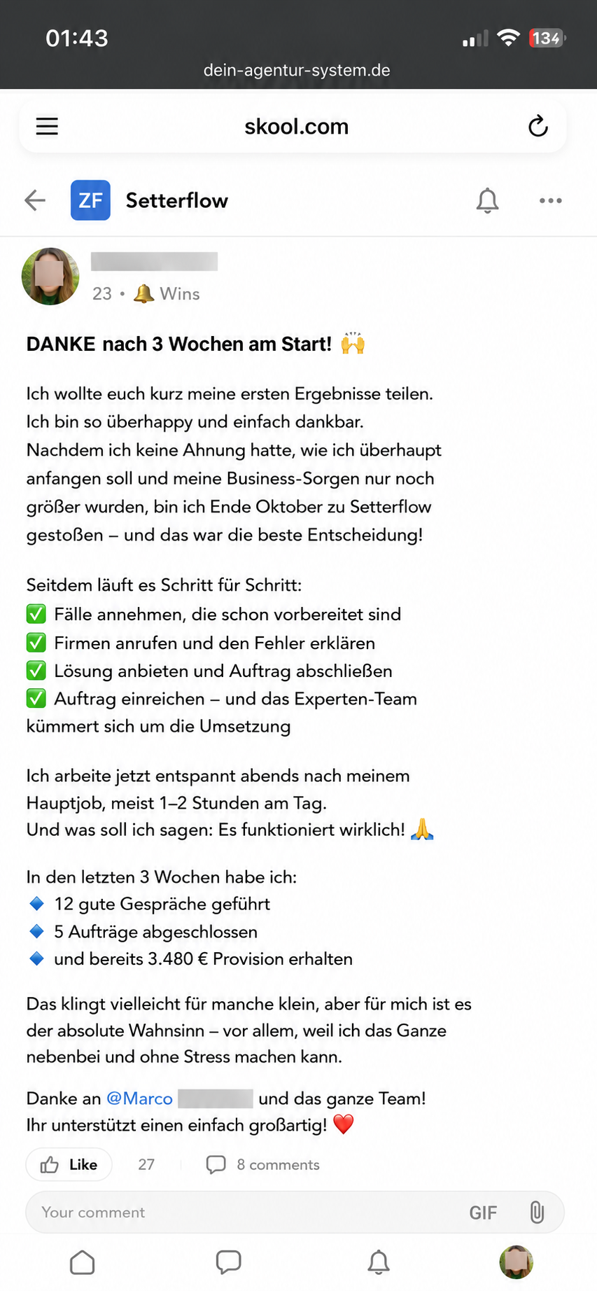 DANKE nach 3 Wochen – 3.480 € Provision