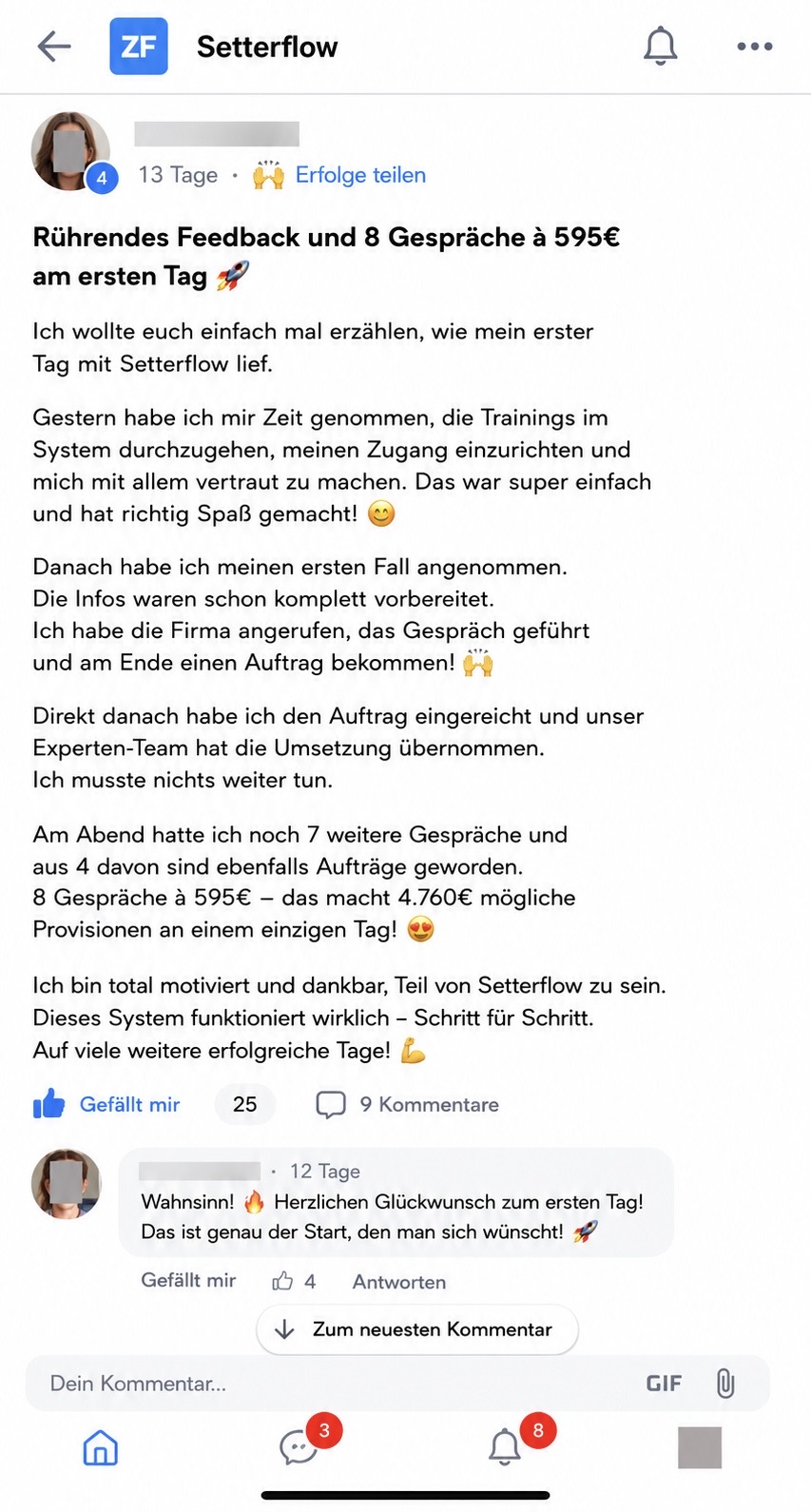 8 Gespräche à 595 € am ersten Tag